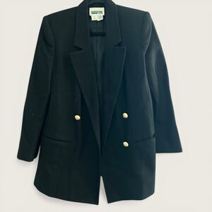 Vintage Prophecy Petite Black Double Breasted  Wool Blazer Size 8 Gold Buttons